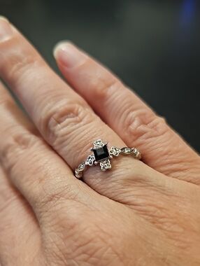 Delicate Silver Ring with Black Square Stone